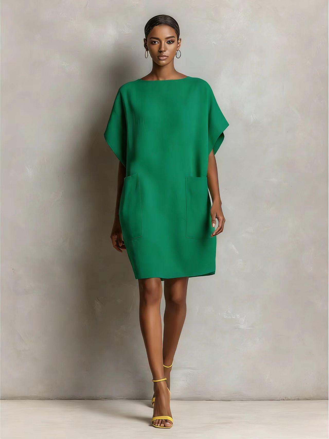 Womens Loose-Fitting Boatneck Dress With Batwing Sleeves And Large Pockets