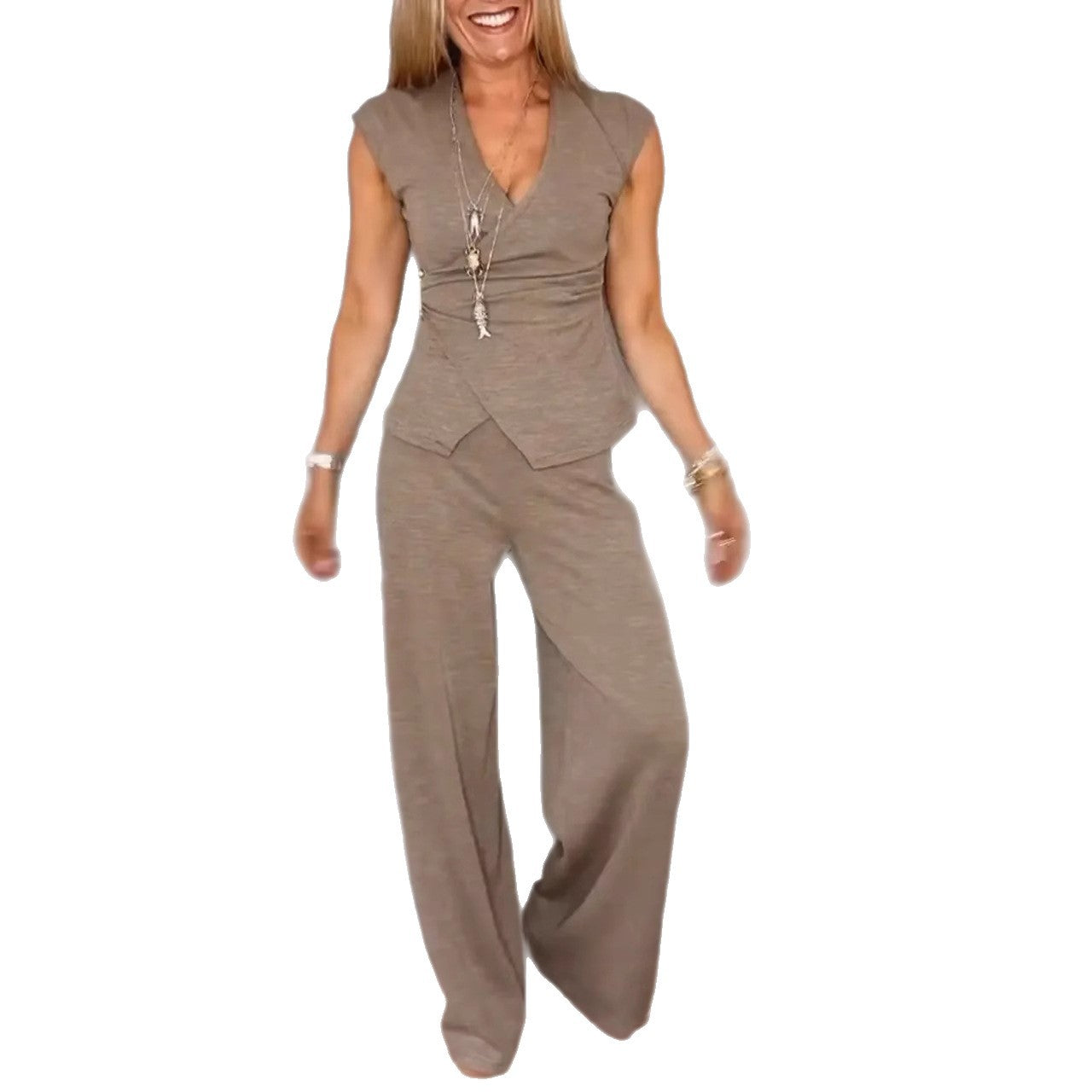 Solid-color Pleated Short-sleeve Pantsuit With Metal Buckles For Women