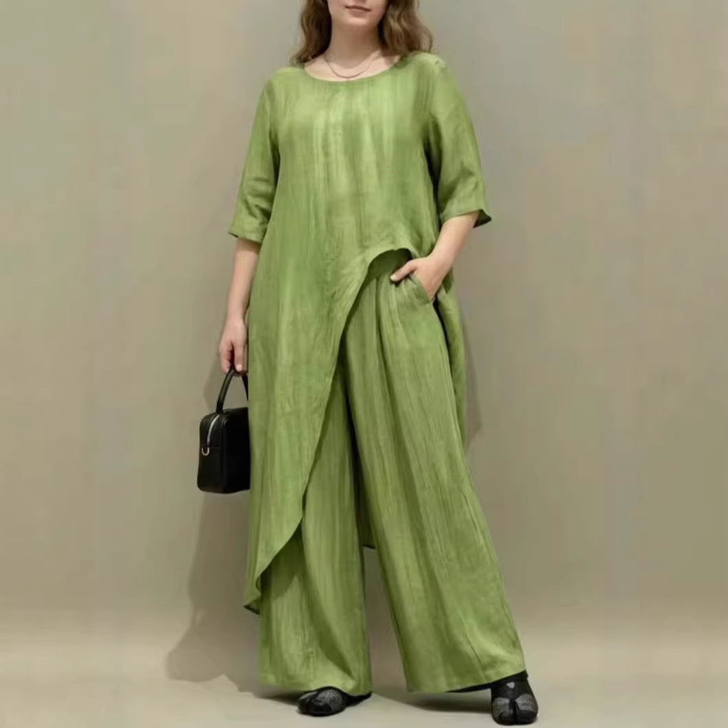 Womens Retro Casual Loose Top And Wide-Leg Pants Two-Piece Set
