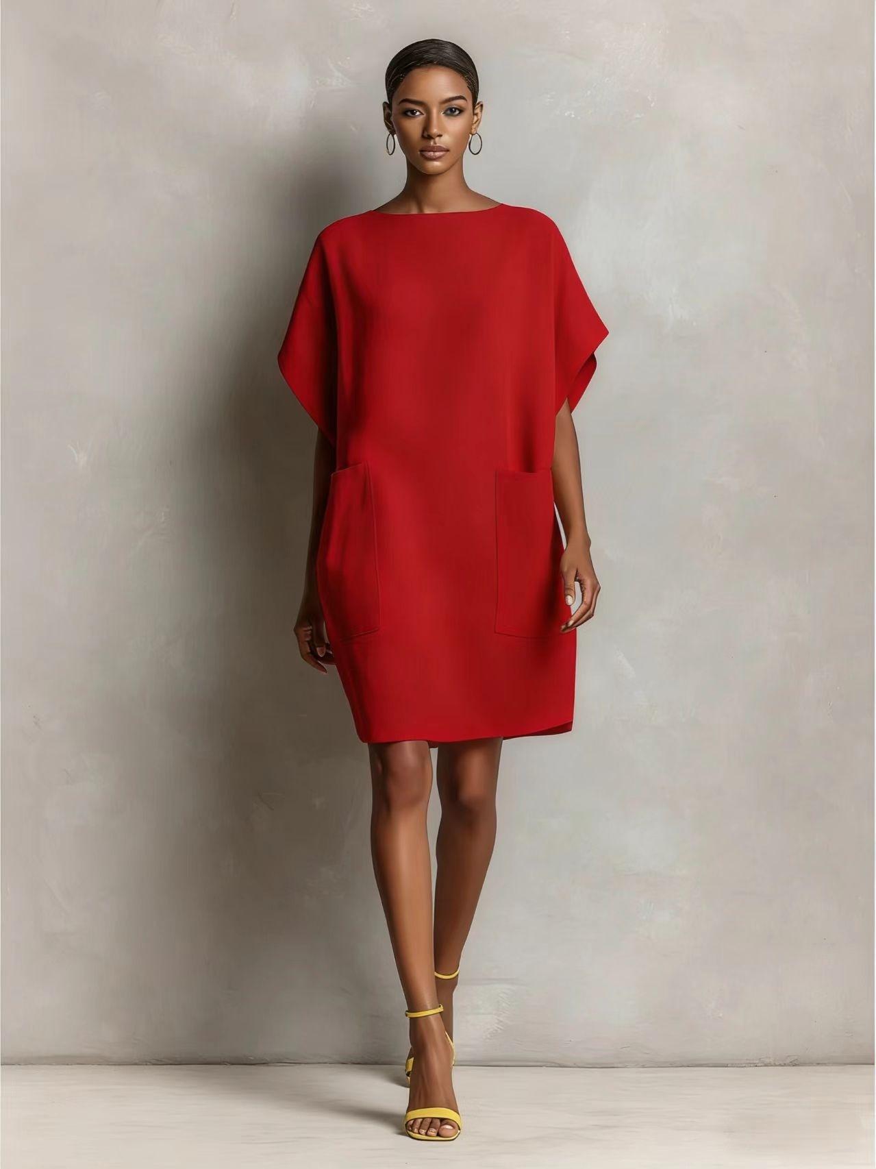 Womens Loose-Fitting Boatneck Dress With Batwing Sleeves And Large Pockets