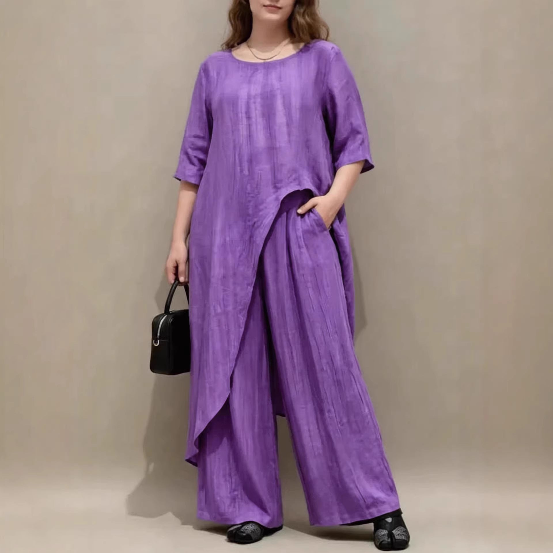 Womens Retro Casual Loose Top And Wide-Leg Pants Two-Piece Set